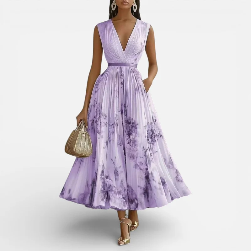 Damen Midikleid Plissee V Ausschnitt