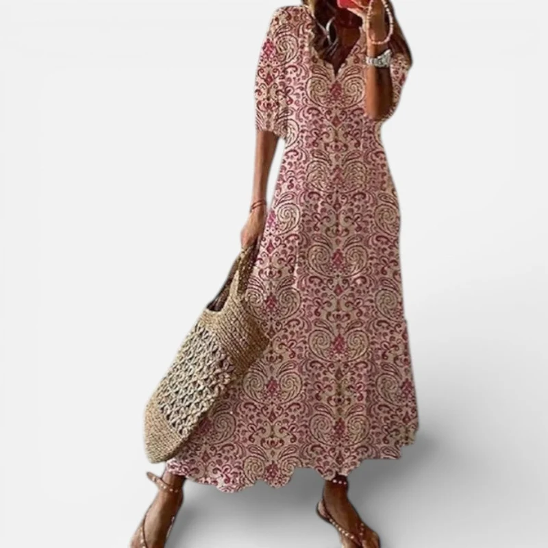 Damen Maxikleid Kurzarm V Ausschnitt Blumenmuster