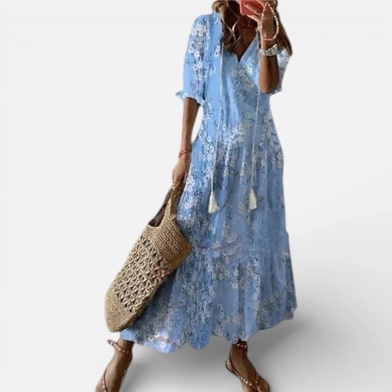 Damen Maxikleid Kurzarm V Ausschnitt Blumenmuster