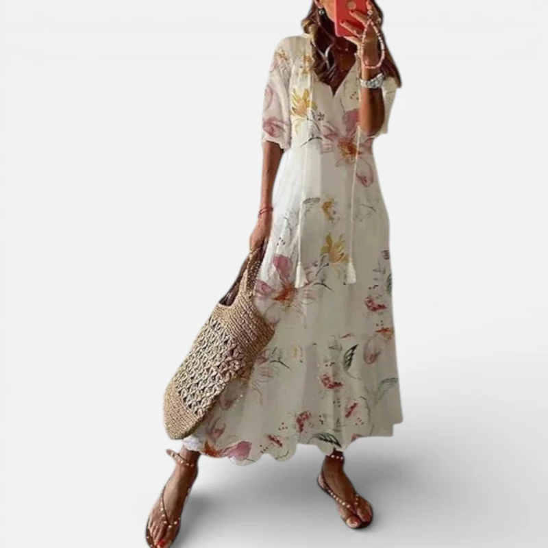 Damen Maxikleid Kurzarm V Ausschnitt Blumenmuster