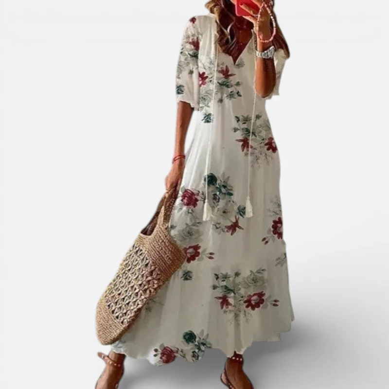 Damen Maxikleid Kurzarm V Ausschnitt Blumenmuster