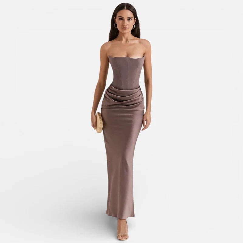 Trägerloses Satinkorsett-Maxikleid für Hochzeitsgäste