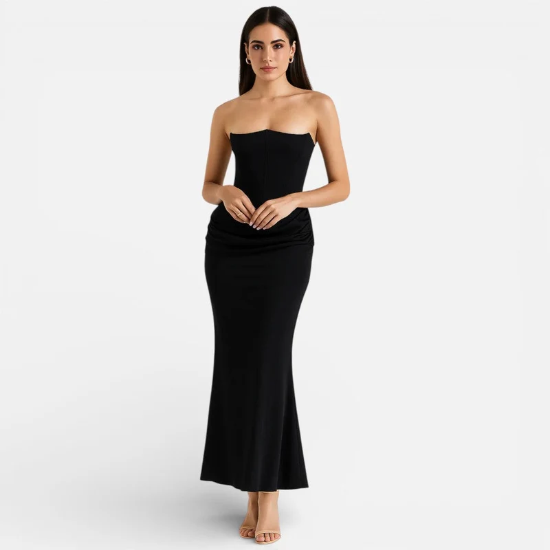 Trägerloses Satinkorsett-Maxikleid für Hochzeitsgäste