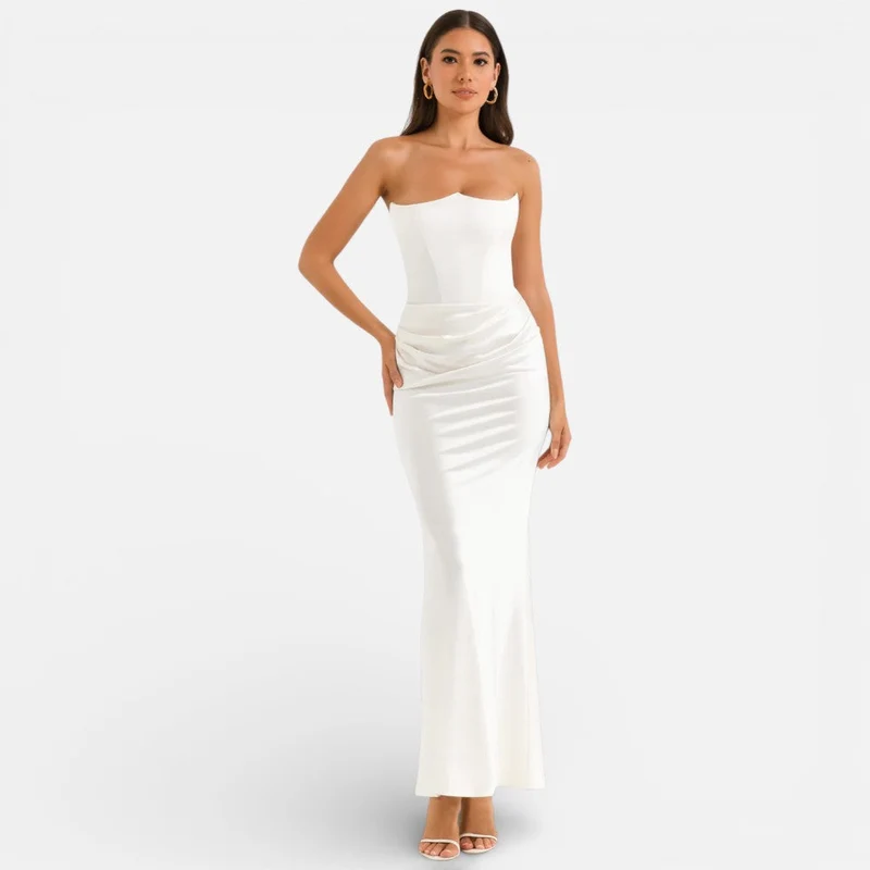 Trägerloses Satinkorsett-Maxikleid für Hochzeitsgäste
