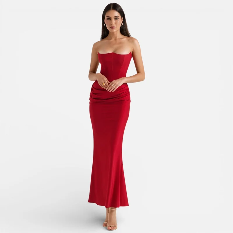 Trägerloses Satinkorsett-Maxikleid für Hochzeitsgäste