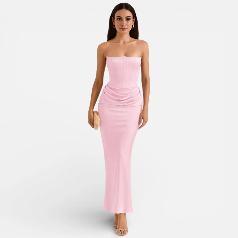 Trägerloses Satinkorsett-Maxikleid für Hochzeitsgäste