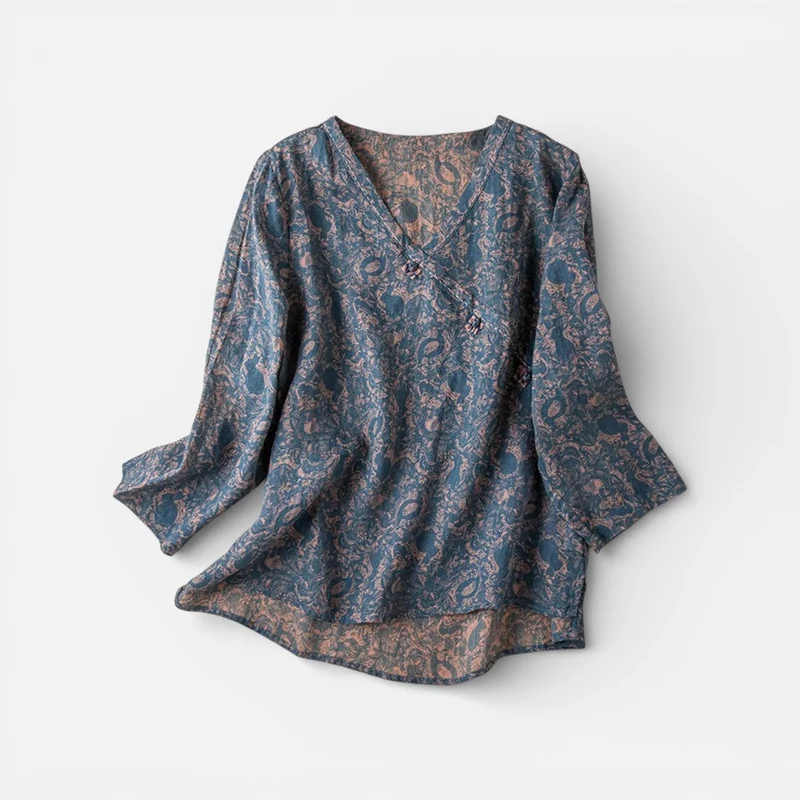 Damen Tunika Langarm V Ausschnitt Musterbluse