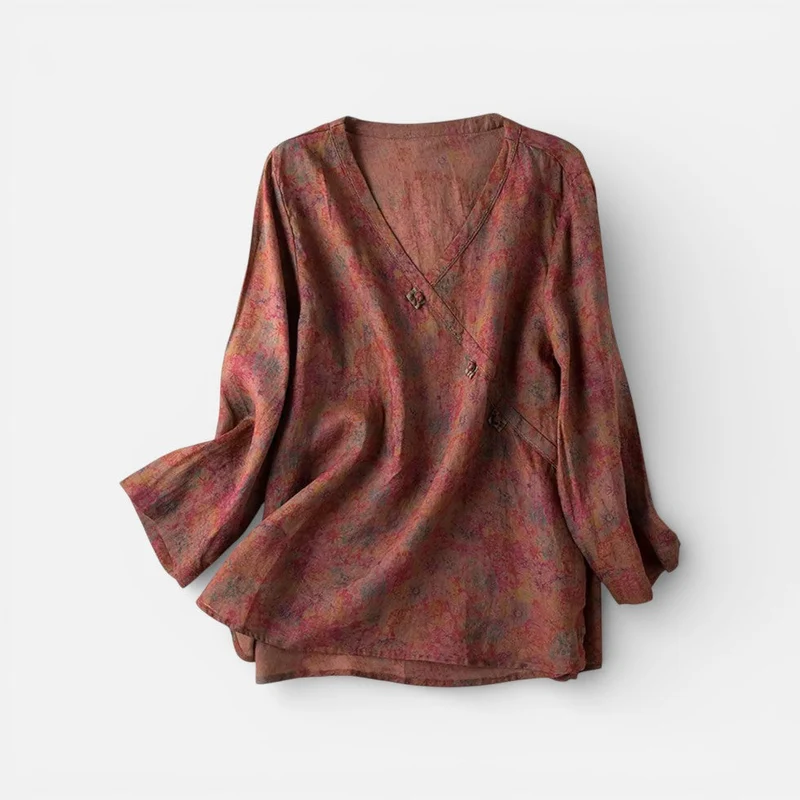 Damen Tunika Langarm V Ausschnitt Musterbluse