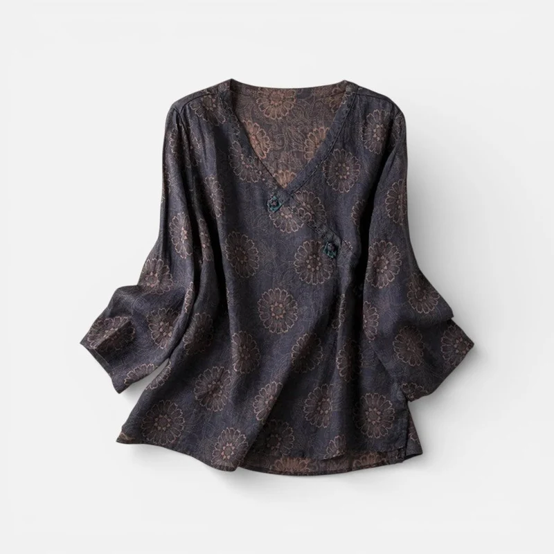 Damen Tunika Langarm V Ausschnitt Musterbluse