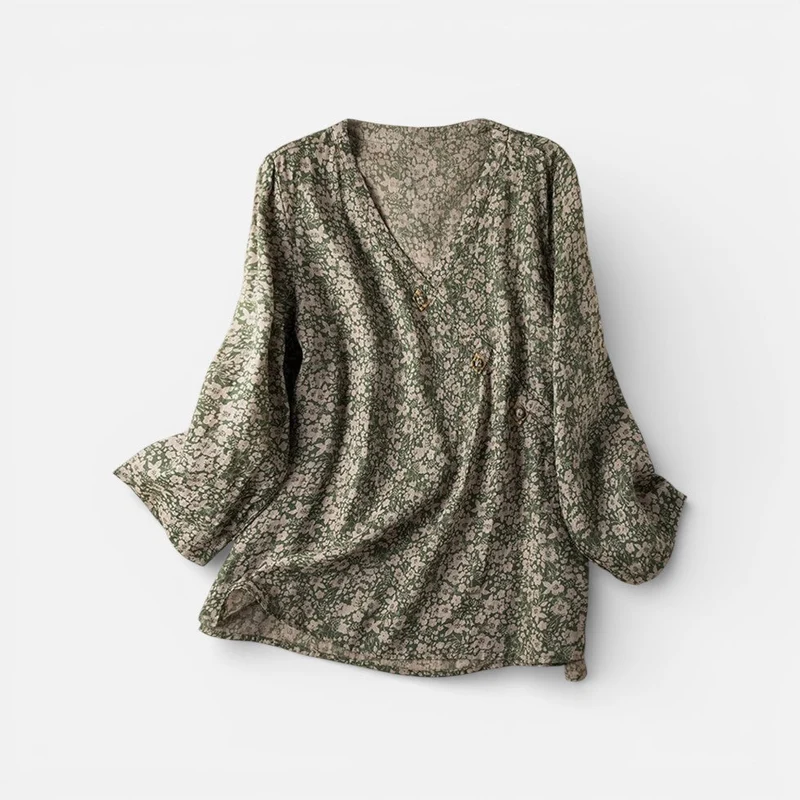 Damen Tunika Langarm V Ausschnitt Musterbluse