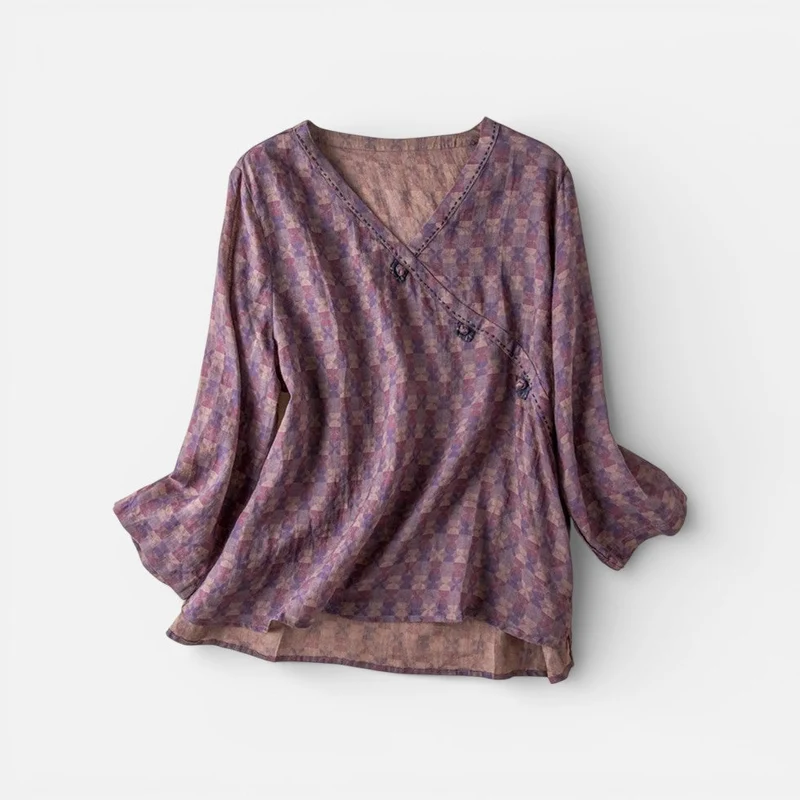 Damen Tunika Langarm V Ausschnitt Musterbluse