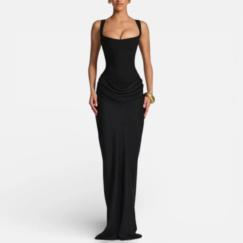 Damen Maxi Kleid Figurbetont mit Drapiertem Rock
