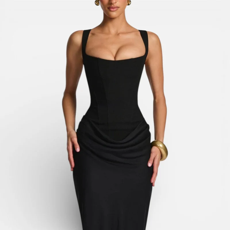 Damen Maxi Kleid Figurbetont mit Drapiertem Rock