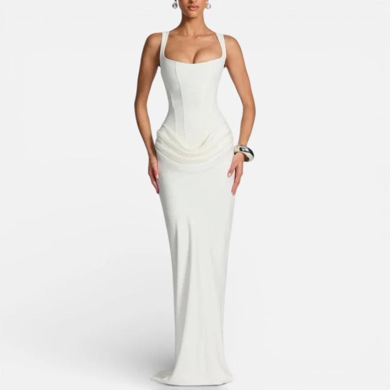 Damen Maxi Kleid Figurbetont mit Drapiertem Rock