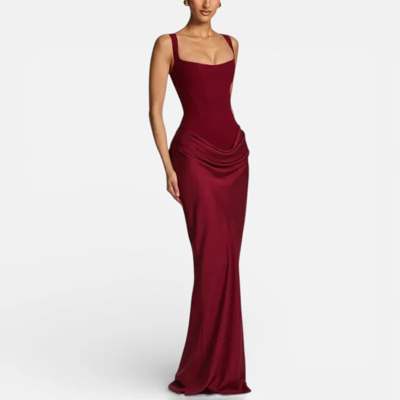 Damen Maxi Kleid Figurbetont mit Drapiertem Rock