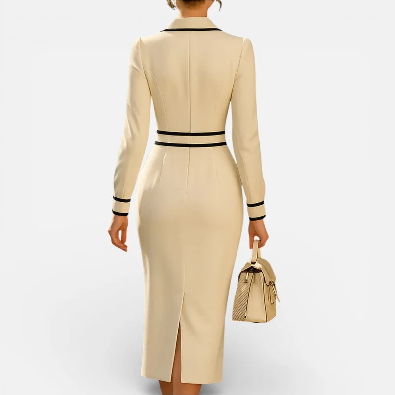 Damen Midikleid Langarm Hemdkragen Etuikleid