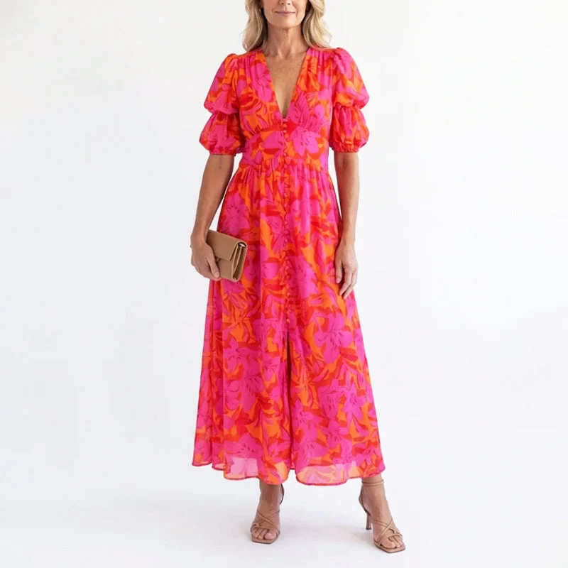 Linda | Damen Elegantes Geblümtes Sommerkleid Mit Puffärmeln