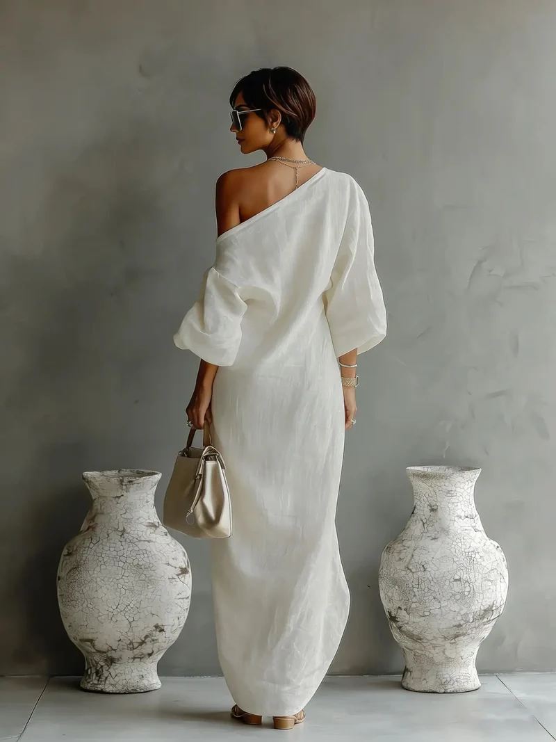 Joëlle | Damen Leinen Sommerkleid Mit One-Shoulder Design