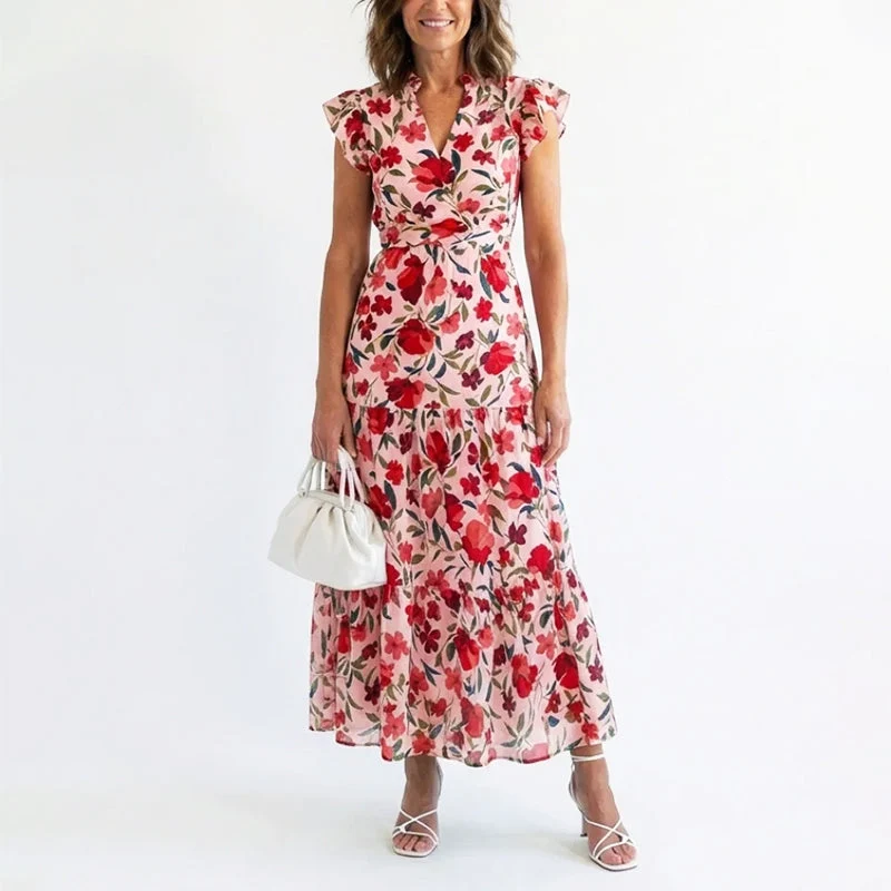 Lavinia | Damen Sommer Florales V-Ausschnitt Kleid mit Rüschenärmeln