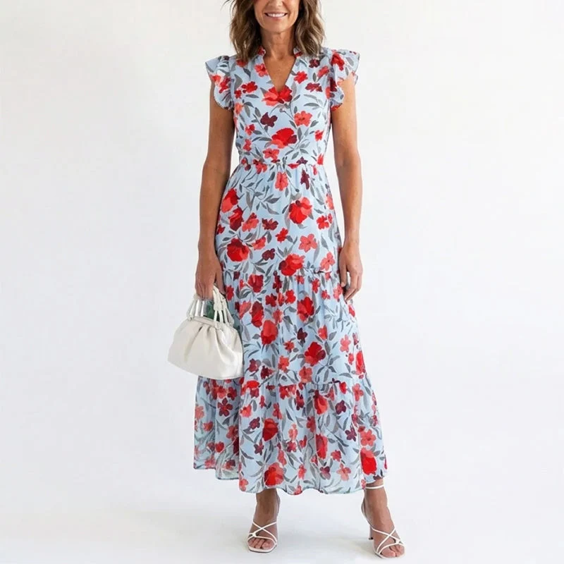 Lavinia | Damen Sommer Florales V-Ausschnitt Kleid mit Rüschenärmeln