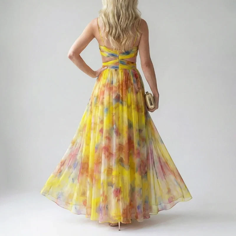Kassandra | Damen Langes Wasserfarben Print Abendkleid