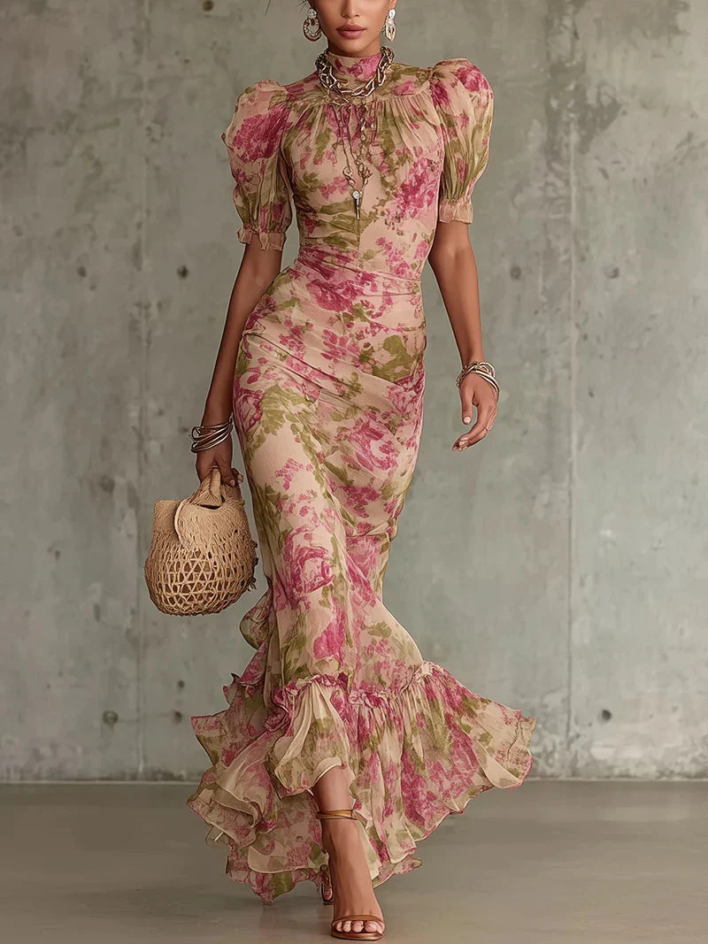 Malina | Damen Florales Maxikleid Mit Stehkragen Und Puffärmeln