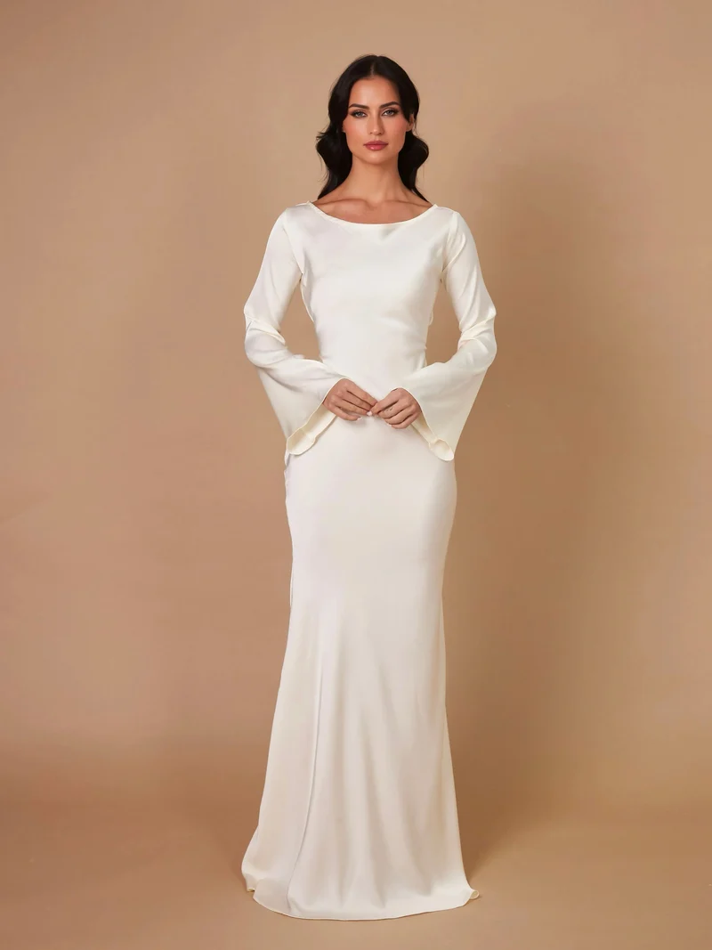 Katja | Damen Elegantes Satin Maxikleid mit langen Ärmeln