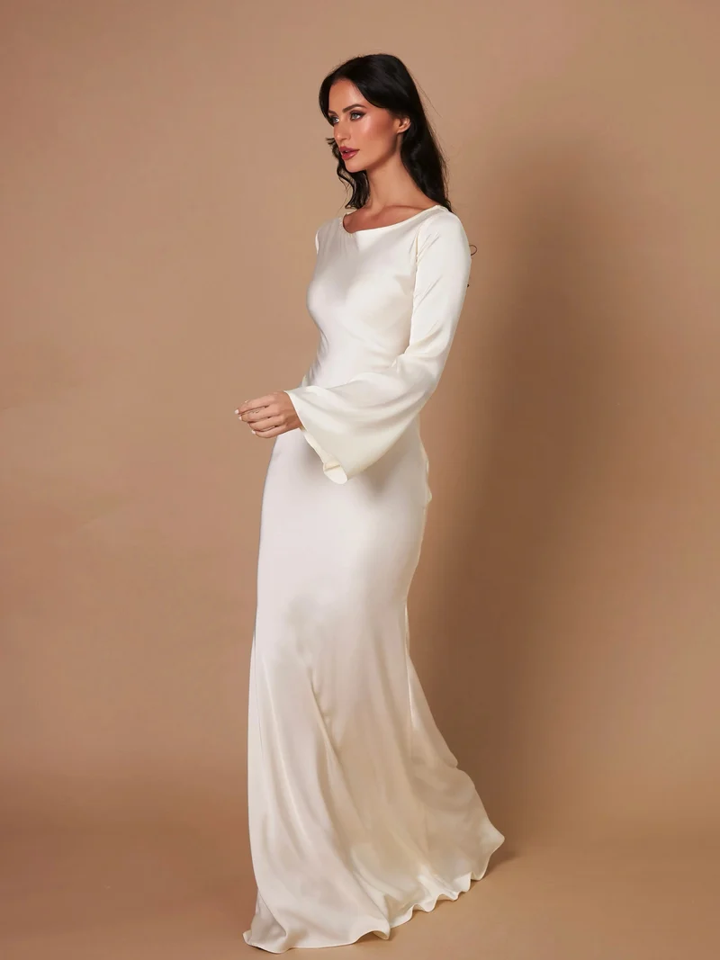 Katja | Damen Elegantes Satin Maxikleid mit langen Ärmeln