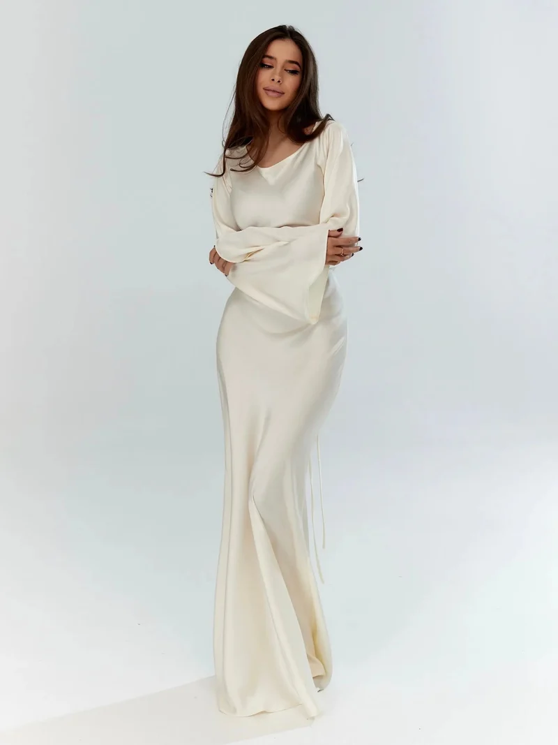 Katja | Damen Elegantes Satin Maxikleid mit langen Ärmeln