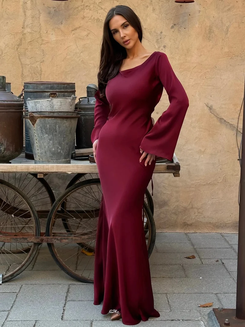 Katja | Damen Elegantes Satin Maxikleid mit langen Ärmeln