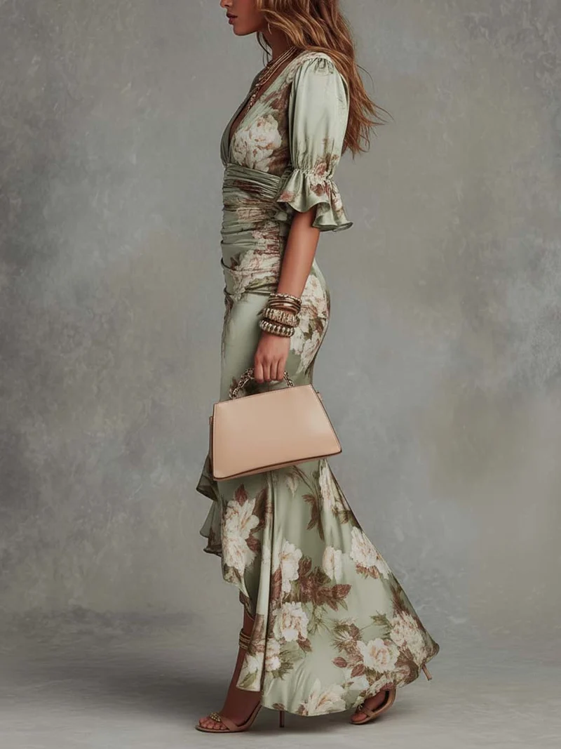 Mailin | Damen Elegant Florales Asymmetrisches Rüschenkleid