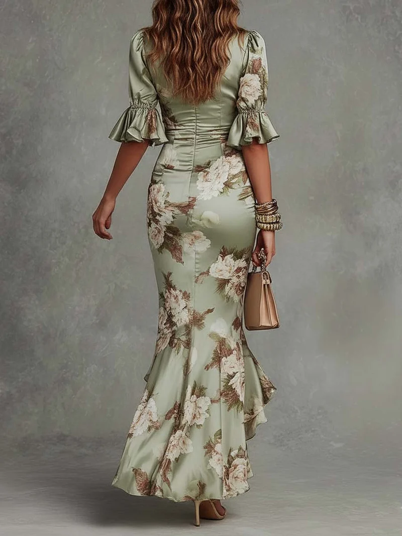 Mailin | Damen Elegant Florales Asymmetrisches Rüschenkleid