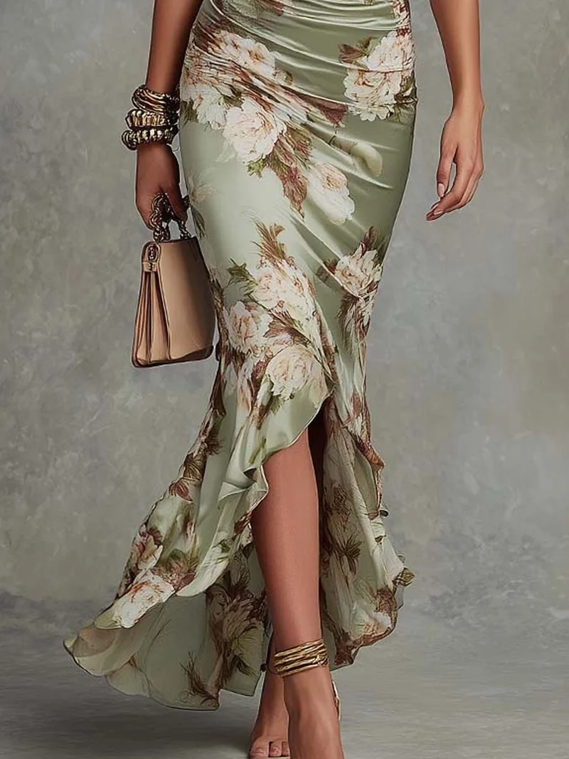 Mailin | Damen Elegant Florales Asymmetrisches Rüschenkleid