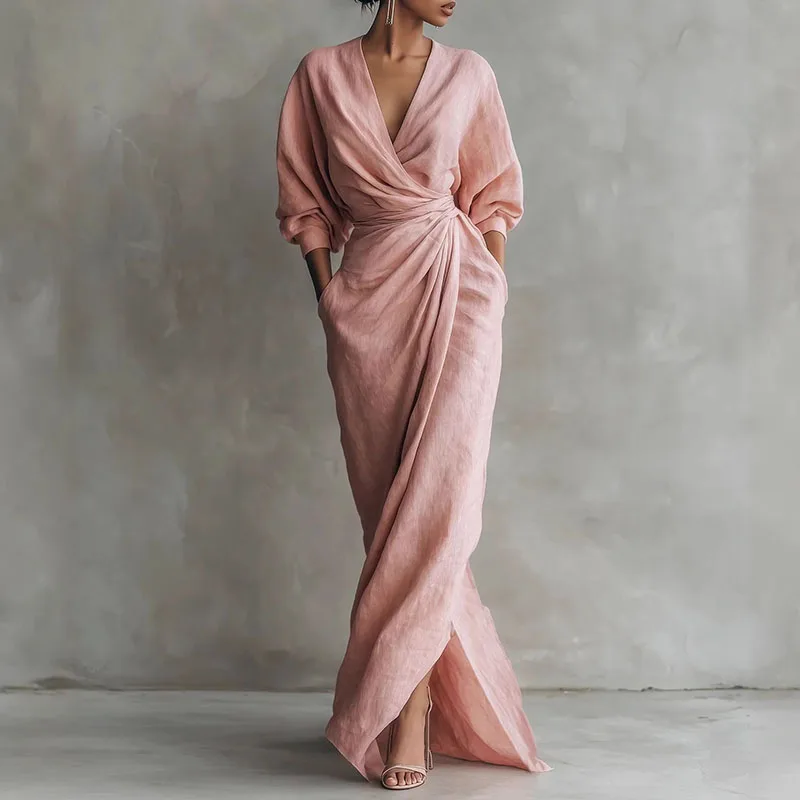 Josephine | Damen Anspruchsvolles V-Ausschnitt Wickelkleid Langarm Maxikleid