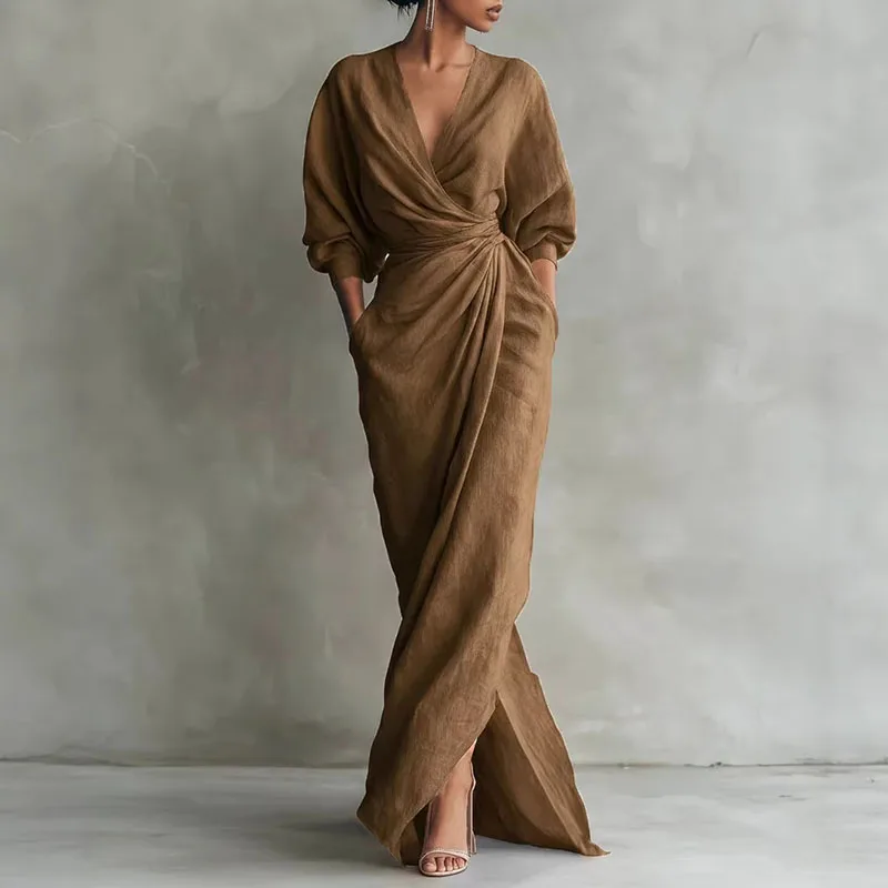 Josephine | Damen Anspruchsvolles V-Ausschnitt Wickelkleid Langarm Maxikleid