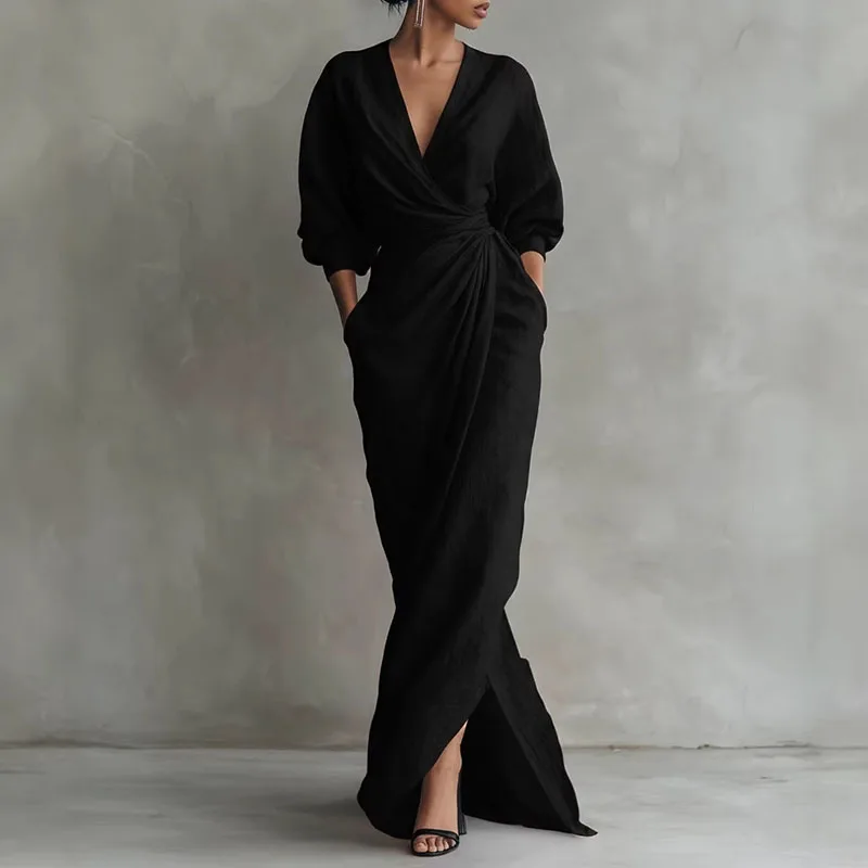 Josephine | Damen Anspruchsvolles V-Ausschnitt Wickelkleid Langarm Maxikleid