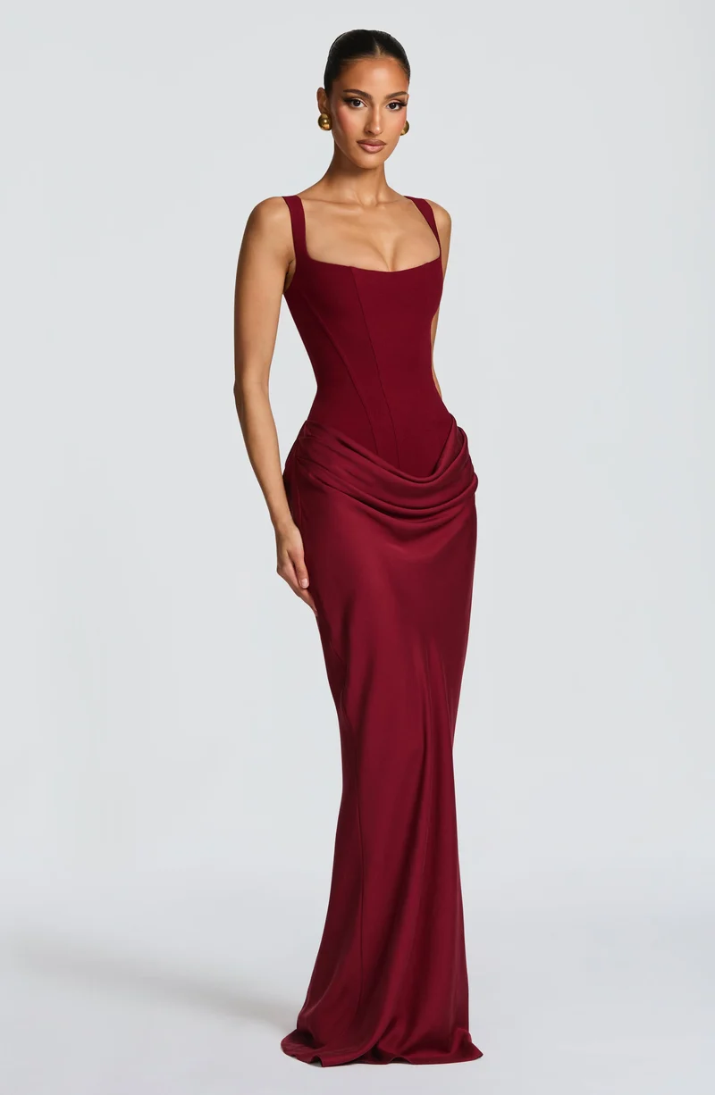 Justine | Damen Elegantes Drapiertes Abend Maxikleid