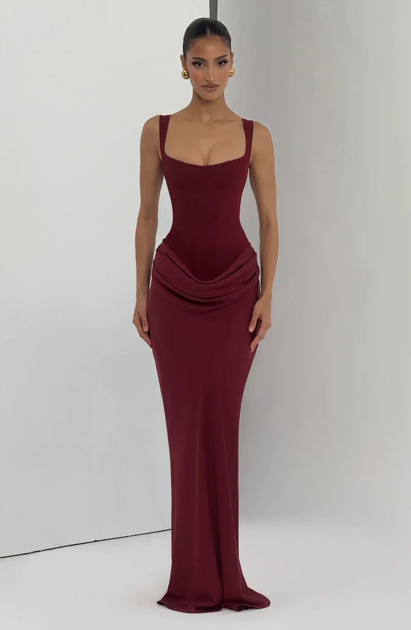 Justine | Damen Elegantes Drapiertes Abend Maxikleid