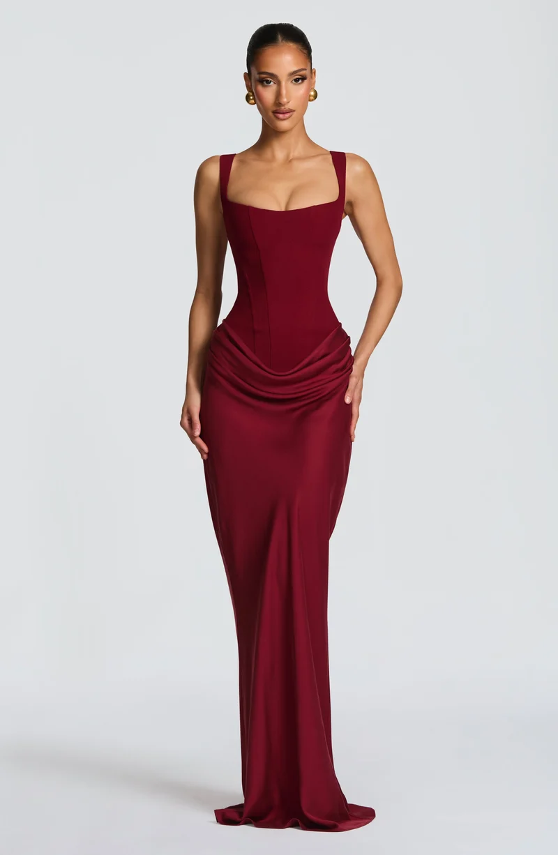 Justine | Damen Elegantes Drapiertes Abend Maxikleid