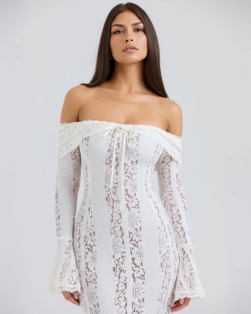 Christa | Damen Elegantes Off Shoulder Hochzeitsgastkleid mit Spitze