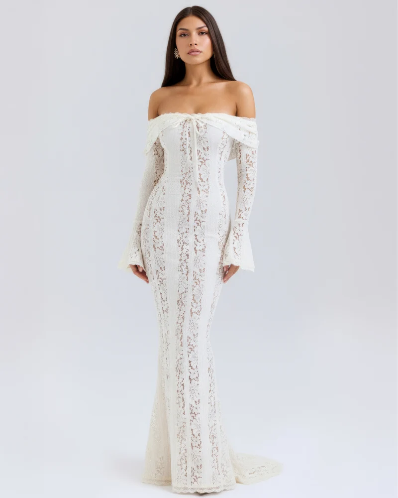Christa | Damen Elegantes Off Shoulder Hochzeitsgastkleid mit Spitze