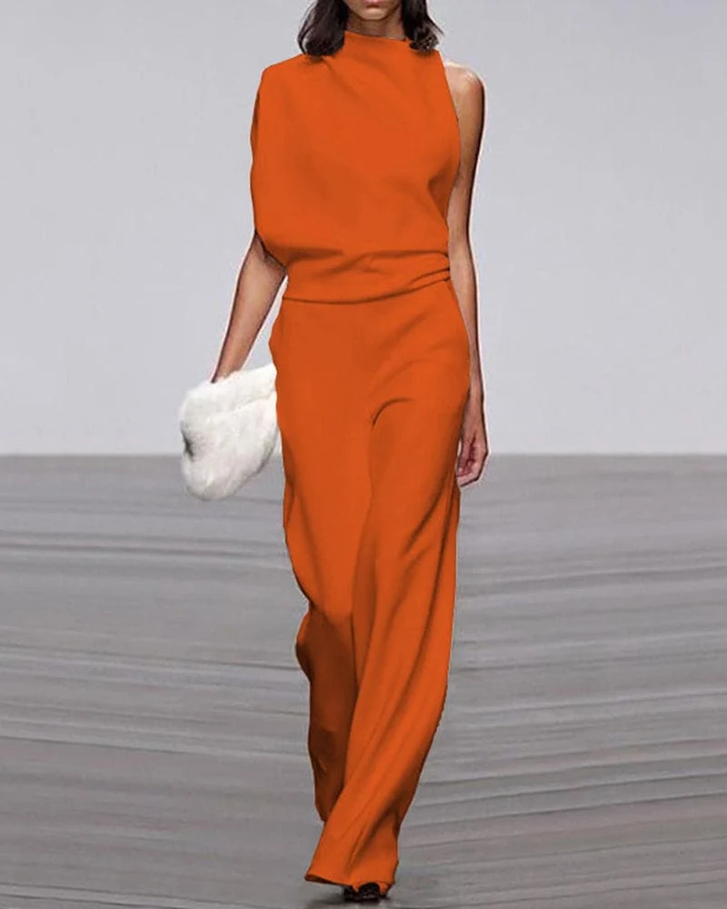 Nele | Damen Ein-Schulter Jumpsuit-Set mit weitem Bein