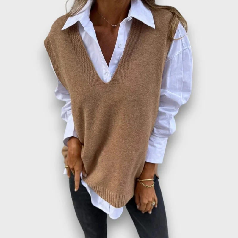 Lamielle – Strick-Weste mit V-Ausschnitt in Camel