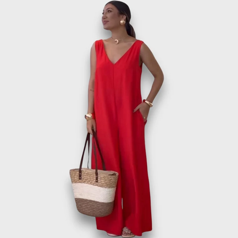 Aubrine – Fließender Jumpsuit mit V-Ausschnitt