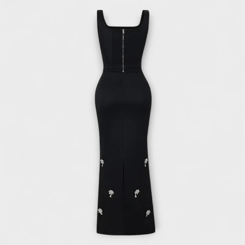 Aviane – Schwarzes Ensemble mit Perlen-Zipper-Top und Rock