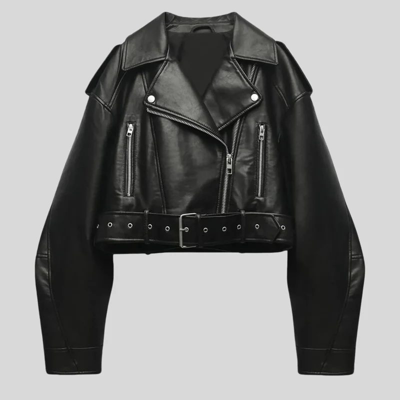 Kurze Damen Bikerjacke in Schwarz mit Nieten