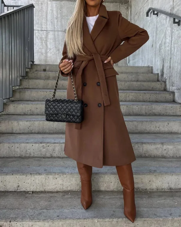 Damen Zweireihiger Mantel mit Gürtel und Taschen