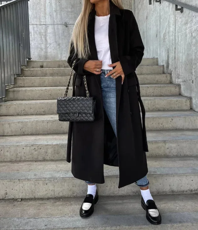 Damen Zweireihiger Mantel mit Gürtel und Taschen