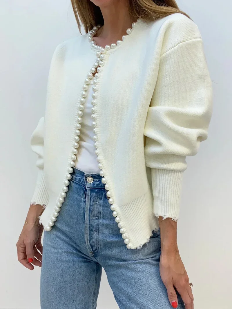 Damen Strickjacke mit Perlenverzierung und Ballonärmeln