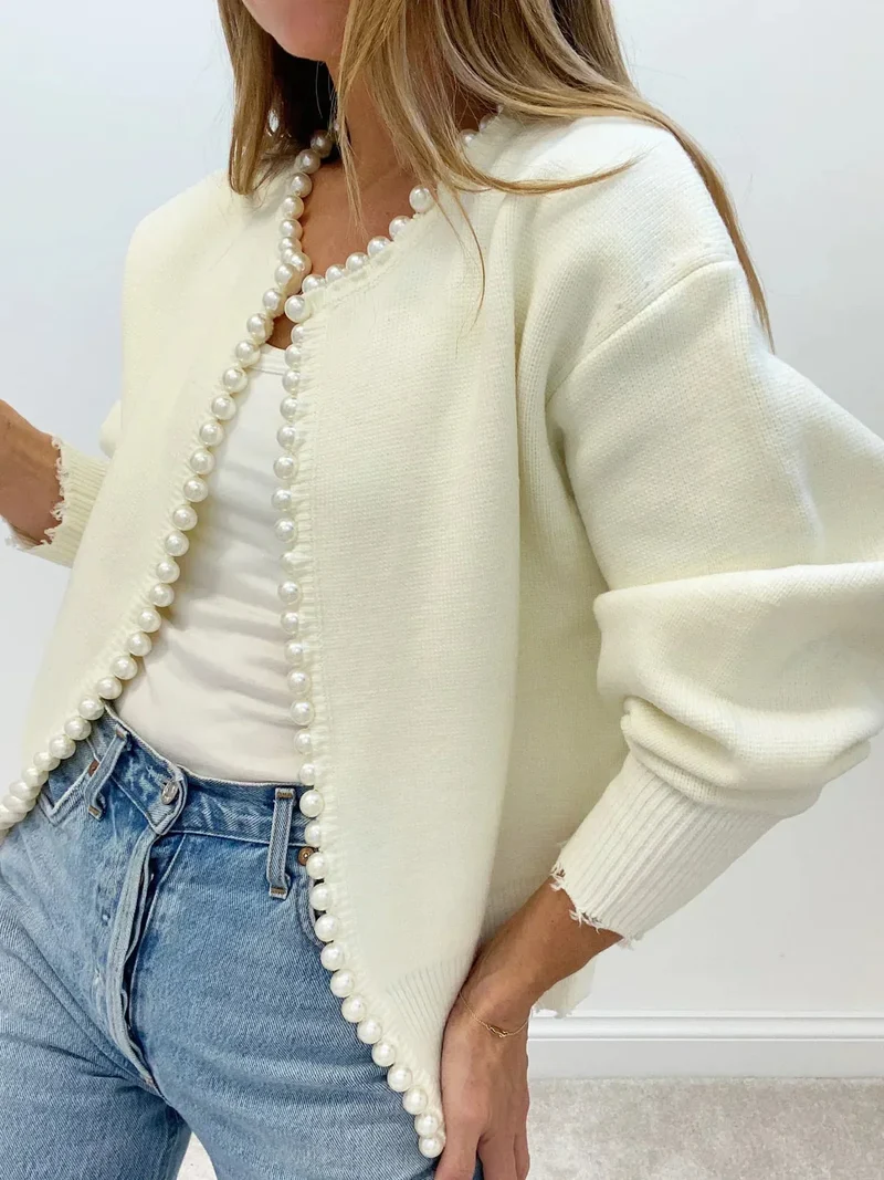 Damen Strickjacke mit Perlenverzierung und Ballonärmeln